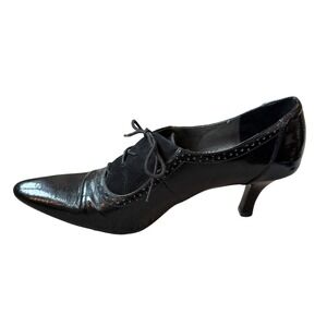 Vintage Etienne Aigner Black Patent & Suede Pointed Toe Lace-Up Heels Sz 8.5